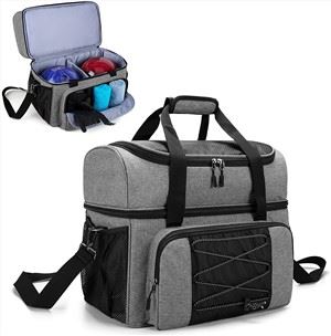 Bolso de bolos para 2 bolas, bolso de bolos con copas de bolos de madera y separador acolchado para bolas dobles y un par de zapatos de bolos para hombres de hasta 16 años y elementos esenciales adicionales, solo bolsa